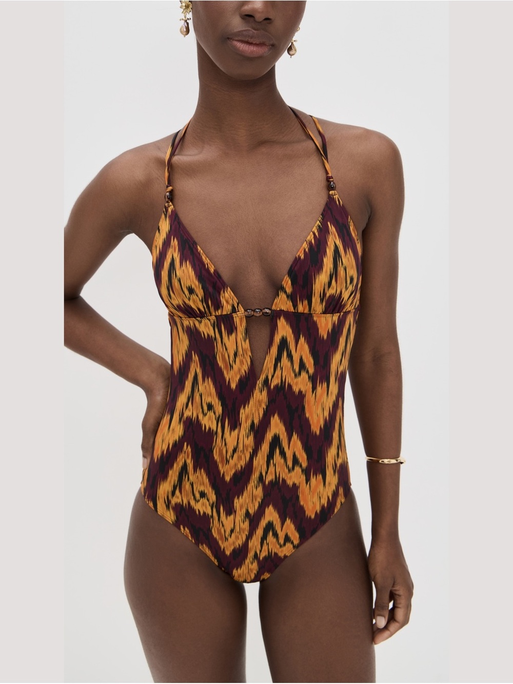 Ulla Johnson Leila Beaded Maillot One-Piece Swimsuit (Terra)